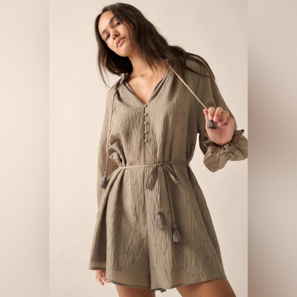 Promesa Poetic Heart Jacquard Peasant-Sleeve Belted Romper